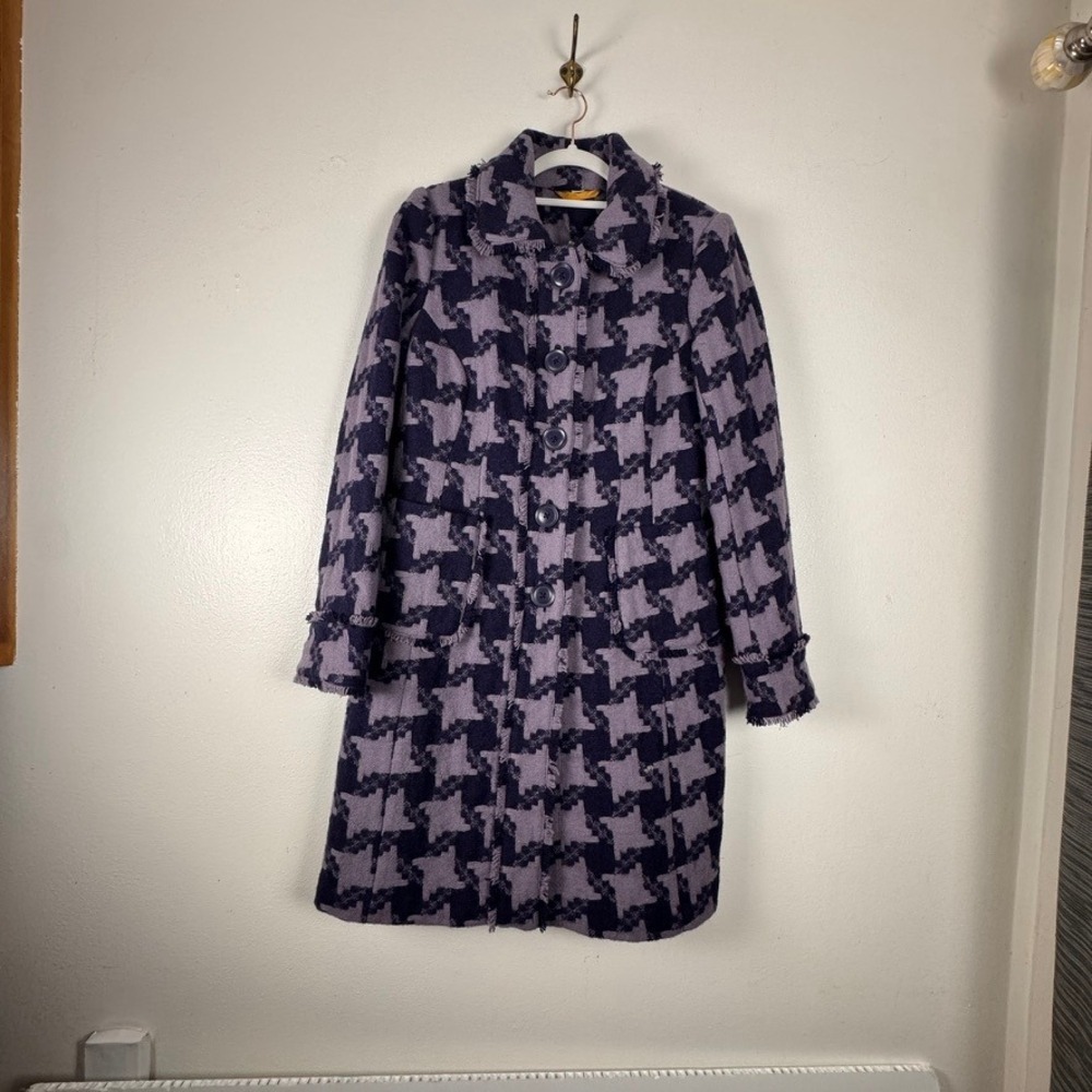 Boden‎ Purple Houndstooth 100% Wool Coat Fringed Trim WE270 Womens Size 8 US